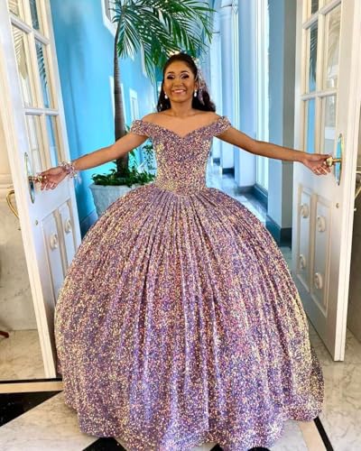 Youjiayi Sparkly Sequin Quinceanera Dresses with Train Off Shoulder Sweet 16 Dress with Bow Princess Long Ball Gown for Women3