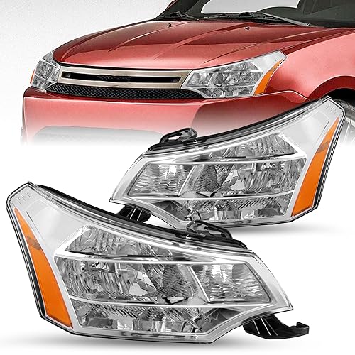 JSBOYAT Headlight Assembly Replacement Fit for 2008-2011 Ford Focus S SE SES SEL Coupe/Sedan Headlamp Chrome Housing with Amber Reflector