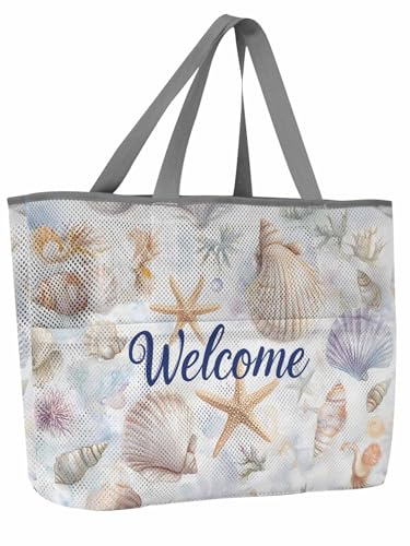 Mesh Beach Bag Oversized Tote Bags for Women Welcome Summer Colorful Shell Large Travel Pool Bags with 8 Pockets