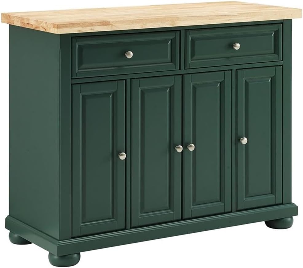 MAKLAINE Transitional Kitchen Island Cart, Wood Top, Emerald Finish, 42 x 18 x 36.63 in, Adjustable Shelves, 2 Drawers, 3 Cabinets, Rolling or Stationary, Ideal for Food Prep or Coffee Bar Use