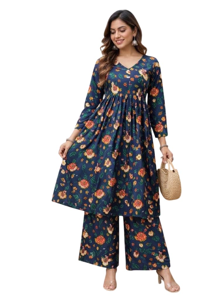 Women’s Floral Printed Kurta Palazzo Set – Cotton Ethnic Kurta Set with V-Neck, 3/4 Sleeves, Comfortable Casual & Festive for Women-image-16