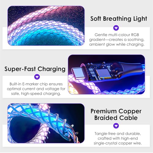 RGB 6A USB C Cable, Light Up Charger Cable Flowing LED Lights Charging Cables Car USB C Cord for Galaxy S25/S25 Ultra/S24/S24 Ultra Huawei, Xiaomi and Other Type C Devices, 66W Fast Charging,1M/3.3Ft