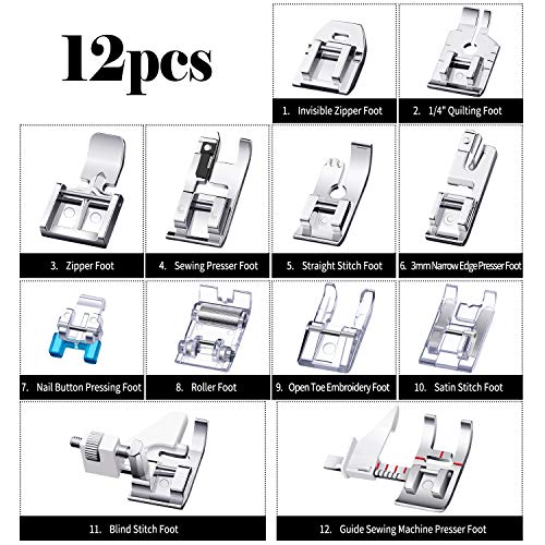 12 Pieces Sewing Machine Presser Foot Set Sewing Machine Spare Parts Accessories Multifunctional Sewing Foot Presser for Most Sewing Machines - Thumbnail 2