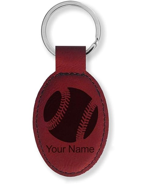 LaserGram Oval Keychain, Baseball Ball, Personalized Engraving Included (Burgundy)