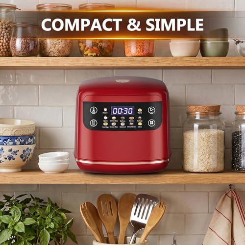 Image of Portable Digital Rice Cooker, 6-Cup (Uncooked) /12-Cup (Cooked) Small Rice Maker with Steaming Basket, Mini Rice Cooker with 2L Removable Nonstick Inner Pot, 10 Menu Options, Auto Keep Warm, 24 Hour Delay Timer (Dark Red)