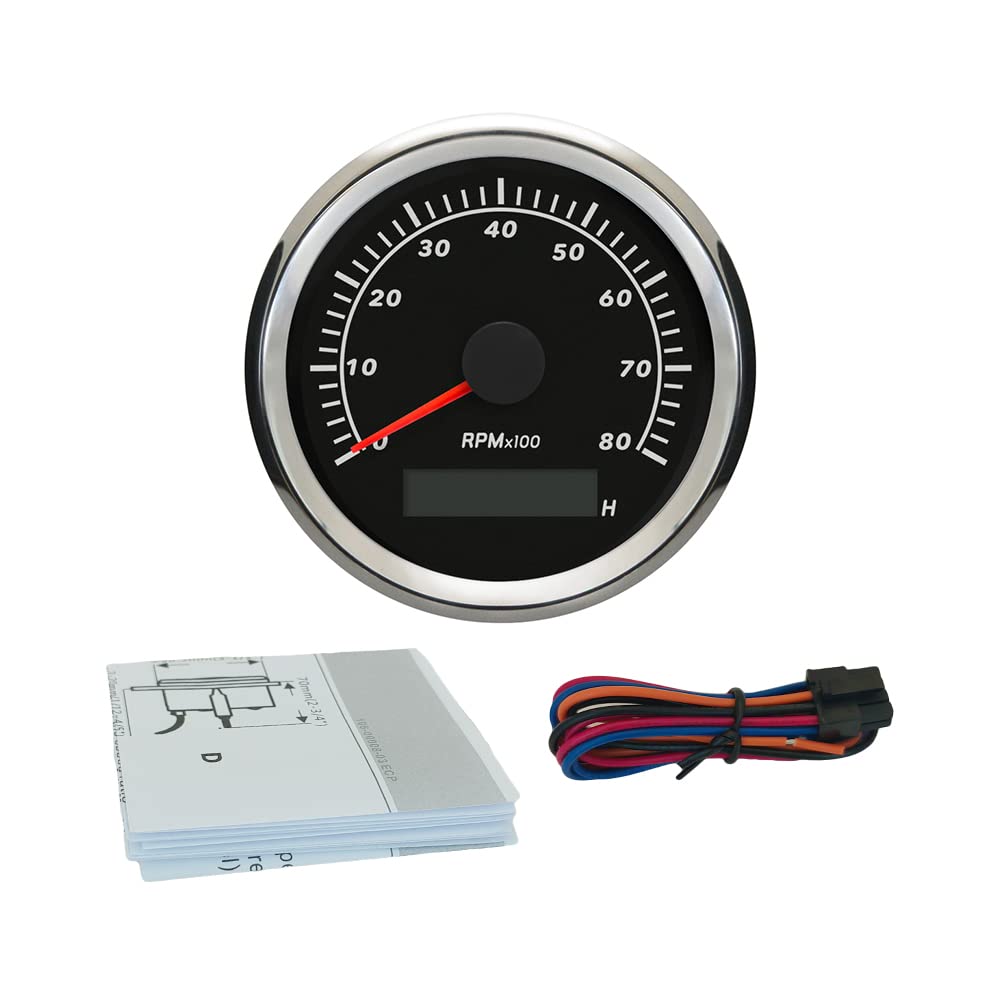 ELING Universal 85 mm Drehzahlmesser 0–8000 U/min Messgerät 9–32 V mit Stundenzähler rote Hintergrundbeleuchtung für Autos Motorräder LKWs Yachten Schnellboote