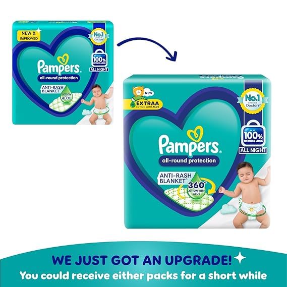 Image of Pampers All Round Protection Pant Style Baby Diapers, Large (L), 48 Count + 10 FREE Diapers Inside Total Count 58, 9-14kg, Anti Rash Blanket, 360 Lotion with Aloe Vera Diapers,New Extraa Lotion with Aloe