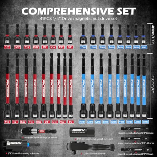 41-Piece Premium 1/4" Drive Magnetic Impact Nut Driver Set Metric & SAE Standard & Deep with Socket Adapters, 2-in-1 Ratchet Wrench, Wing Nut Driver, Universal Sockets, Quick Release Bit Holder