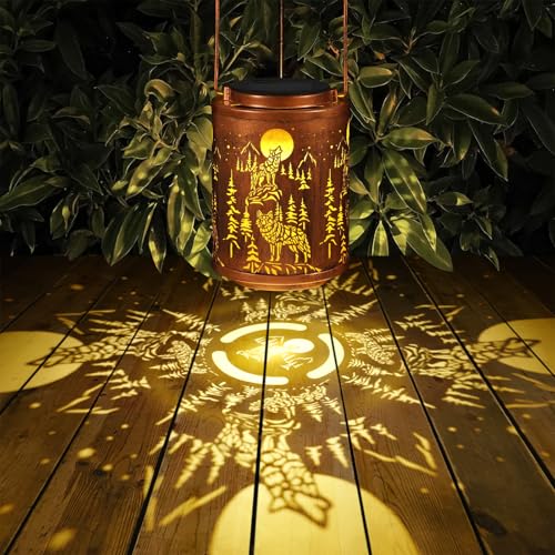 Image of Solar Lanterns Garden Decor Birthday Gifts for Women Mon Grandma Metal Hanging Solar Lights Waterproof Outdoor Decoration for Outside LED Lanterns for Yard Patio Lawn Pathway(Wolf)