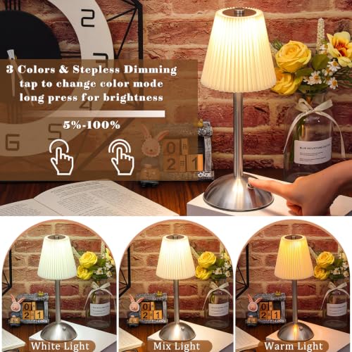 Image of Liliful 2 Pcs Cordless Table Lamp Rechargeable Touch LED Small Gold Portable Battery Operated USB-c Desk Lamp 3 Color Dimmable for Bedroom Living Room Dining (Silver,Beige Cloth Style)