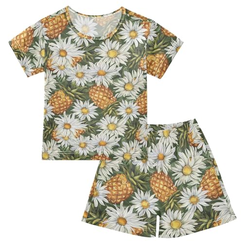 ALAZA Daisy Flowers Pineapples Pajama Set Short Sleeve Sleepwear Soft Lounge Nightwear