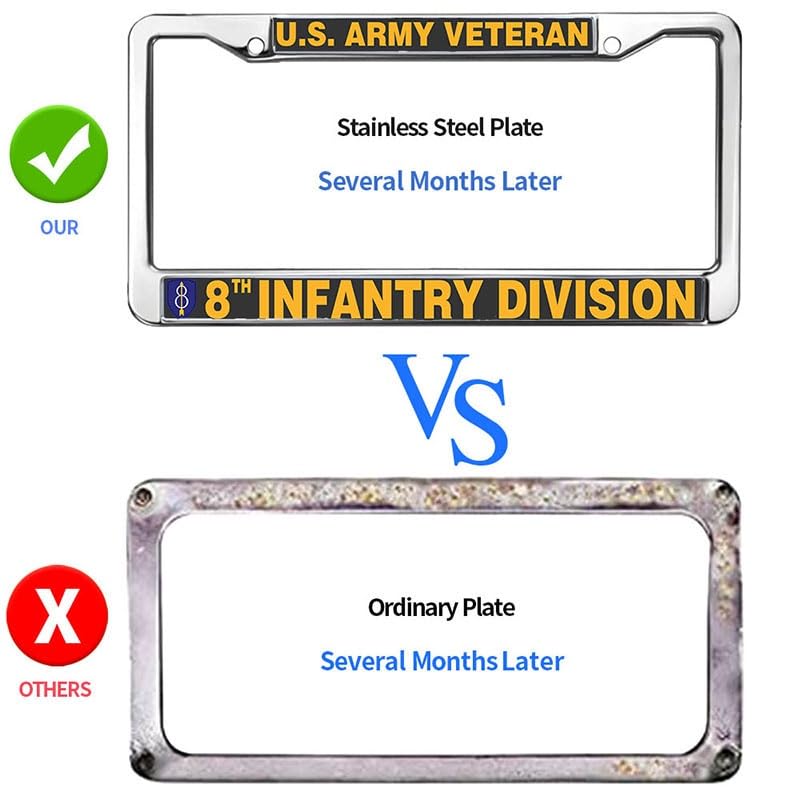 Image of US Army Veteran 8th Infantry Division License Plate Frame Metal Holder | US Army Veteran 8th Infantry Division License Plate Frame Heavy Duty Metal Tag Holder Cover Fit Standard US Auto Accessories