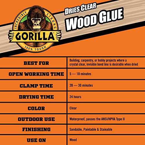 gorilla dries clear wood glue 4 ounce bottle pack of 2 - water resistant for indoor or outdoor projects and repairs