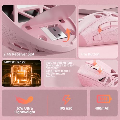 Image of Aula SC620 Wireless Gaming Mouse, Tri-Mode 2.4GHz /USB-C /BT5.3 Computer Mouse with 12000 DPI, Programmable Macro Gamer Mouse with Rapid Fire Key, RGB Light Gaming Mice for PC /Laptop /Mac (Line Pink)