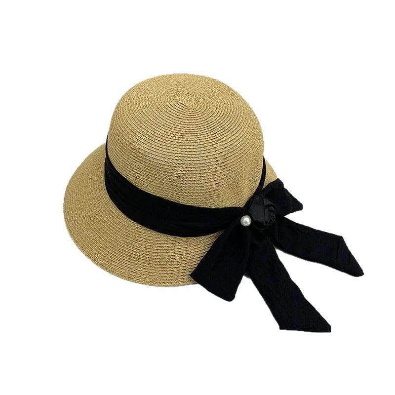 Sombrero de Paja para Mujer - Visera Ajustable de ala Ancha con Lazo Floral y Perla - Protección UV - Cómodo y Transpirable Playa y Actividades Al Aire Libre