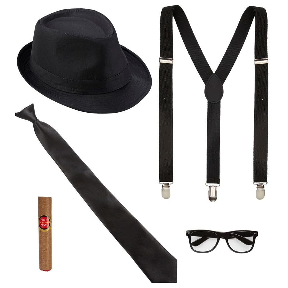 WIDMANN King of the Blues 5 Piece Costume Set Hat Suspenders Tie Glasses and Cigar Charleston Gangster Mafia Boss Brothers