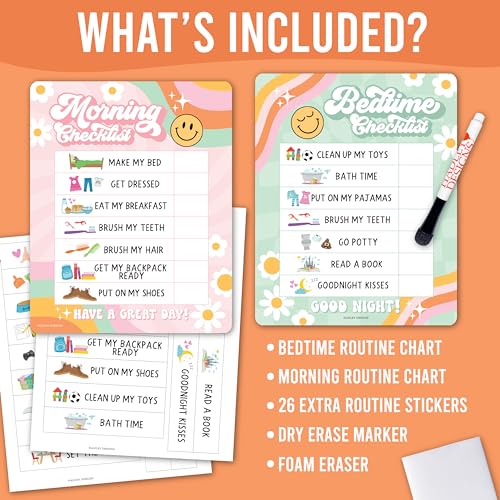 Image of Magnetic Morning & Bedtime Routine Chart for Kids - Customizable Toddler Daily Schedule Board with Dry Erase Surface, Stickers & Marker, Build Habits with Visual Checklists, Retro Theme