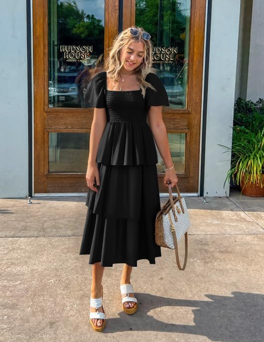 ZESICA Women's Summer Puff Sleeve Midi Dress 2026 Casual Flowy A Line Tiered Wedding Guest Beach Vacation Long Dresses - Image 4