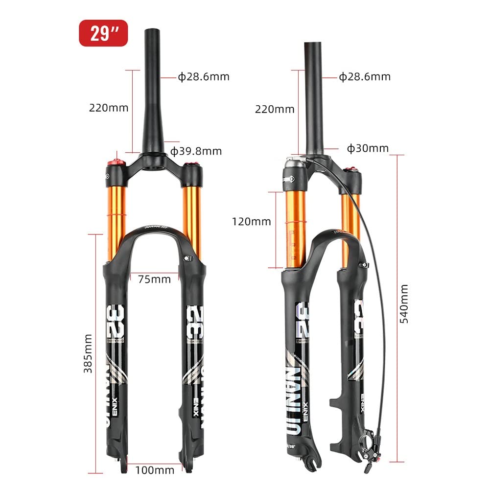Forcella ammortizzata ad aria per MTB da 120 mm, 26, 27,5, 29", con controllo della linea, in lega di magnesio, ideale per mountain bike, QR 9 x 100 mm, freno a disco, tubo conico, in