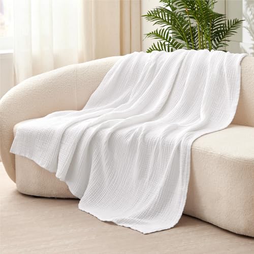 Image of 100% Cotton Muslin Blanket Large 50 inch x 70 inch, 6 Layers Breathable and Lightweight Cotton Blankets for Bed and Couch, Quilt Bedspread, Gauze Throw for Adults, White