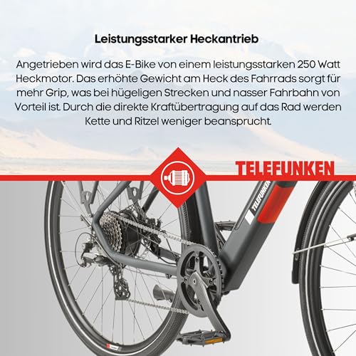 TELEFUNKEN E-Bike 28 Zoll Fahrrad für Damen | Trekking Pedelec mit 8-Gang Kettenschaltung & Scheibenbremsen | 250 W Heckmotor & integriertem 417,6 Wh Li-Ion-Akku | inkl. Panzerkabelschloss – Bild 8
