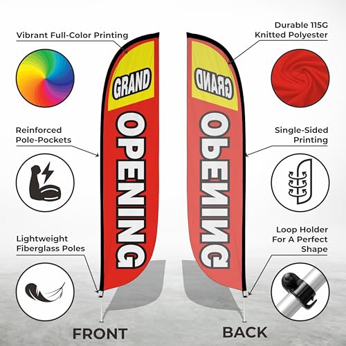 Image of LookOurWay Feather Flag Pole Kit - 12 Feet Tall Advertising Flag Banner with Fiberglass Pole Kit and Ground Spike for Business Promotion - Grand Opening Flags - Grand Opening Red & Yellow (10M1200028)
