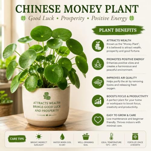 Image of Live Chinese Money Plant (Pilea Peperomioides) Indoor Lucky Plant in Pot | Round Coin-Shaped Leaves | Air Purifying & Low Maintenance Decorative Plant for Home, Office & Balcony
