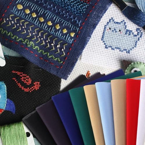 Image of HunnmingRe 12 Pcs Aida Cloth 12 Color 14 Count Cross Stitch Fabric DIY Cross Stitch for Embroidery DIY Handmade Art Craft(12 x 18 Inch)