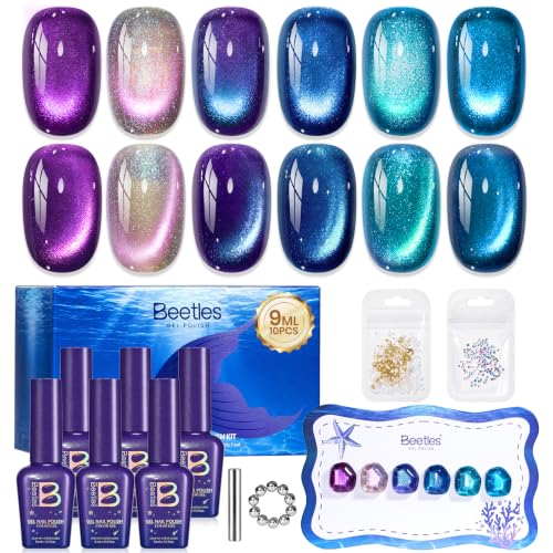 Image of Beetles Siren Song Cat Eye Gel Nail Polish Set, 6 Colors 9ml Fall Gel | Blue Purple Magnetic Gel Polish Kit with Cat Eye&Water Ripple Magnets Stick Nail Charms Soak Off UV Nail Art Gift for Women