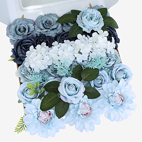 Huadodo Artificial Flowers Blue Roses Silk Fake Flower Leaf Combo Set For Diy Wedding Bouquets Centerpieces Party Baby Shower Table Decorations #TOP29