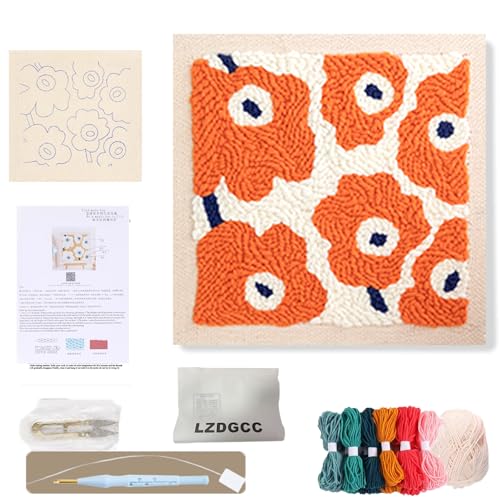 Image of Embroidery Punch Needle Kit Frame, Punch Needle Kits Adults Beginner, Embroidery Starter Kit, Needle Punch Tool with 9.8x9.8in Punch Needles Fabric with Pattern, Threader, Yarns, Pinch Needle (Orange)