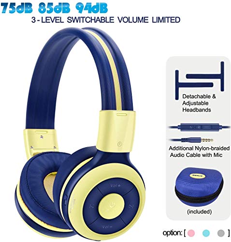 SIMOLIO Bluetooth Headphones for Kids with Mic, 75dB,85dB,94dB Volume Limited, Kids Wireless Headsets
