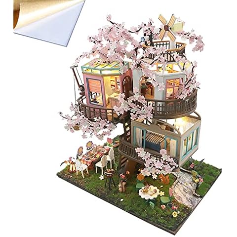 TOPBSFARNY DIY Wooden Doll Houses Sakura Tree House Casa Miniature Building Kit with Furniture Assembly Villa Dollhouse Toys Girls Gifts (Dust Cover + Music)… (HD-L2221-ZY) Cover