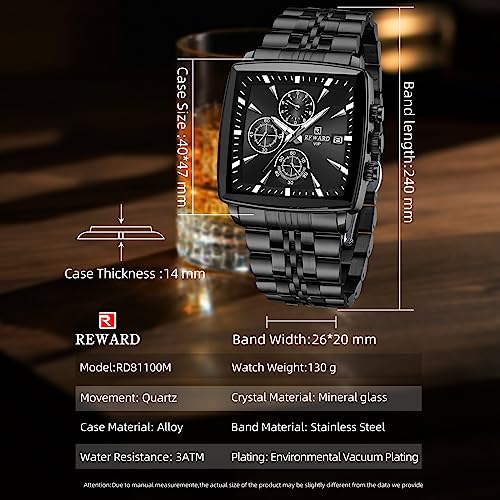 REWARD Square Mens Wrist Watches, Luxury Fashion Analog Quartz Watch, Classic Big Face Chronograph Waterproof Luminous Date Stainless Business Watches for Men Black/Silver/Blue Dial