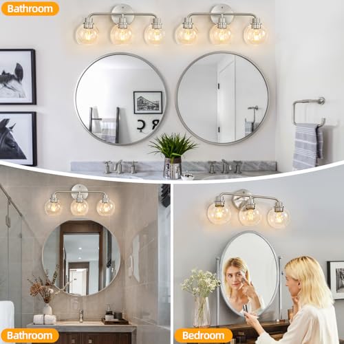 Image of 3 Light Bathroom Vanity Light Fixtures, Brushed Nickel Vanity Lights | with Clear Globe Glass Shades, Modern Bathroom Lights Wall Sconce Wall Lamp for Mirror Living Room Kitchen Bedroom Hallway