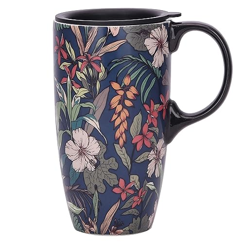 DUSVALLY Ceramic Mug Large Coffee Cup Tall Mugs Porcelain Latte Tea Cup with Lid 17oz,Blue, Medium