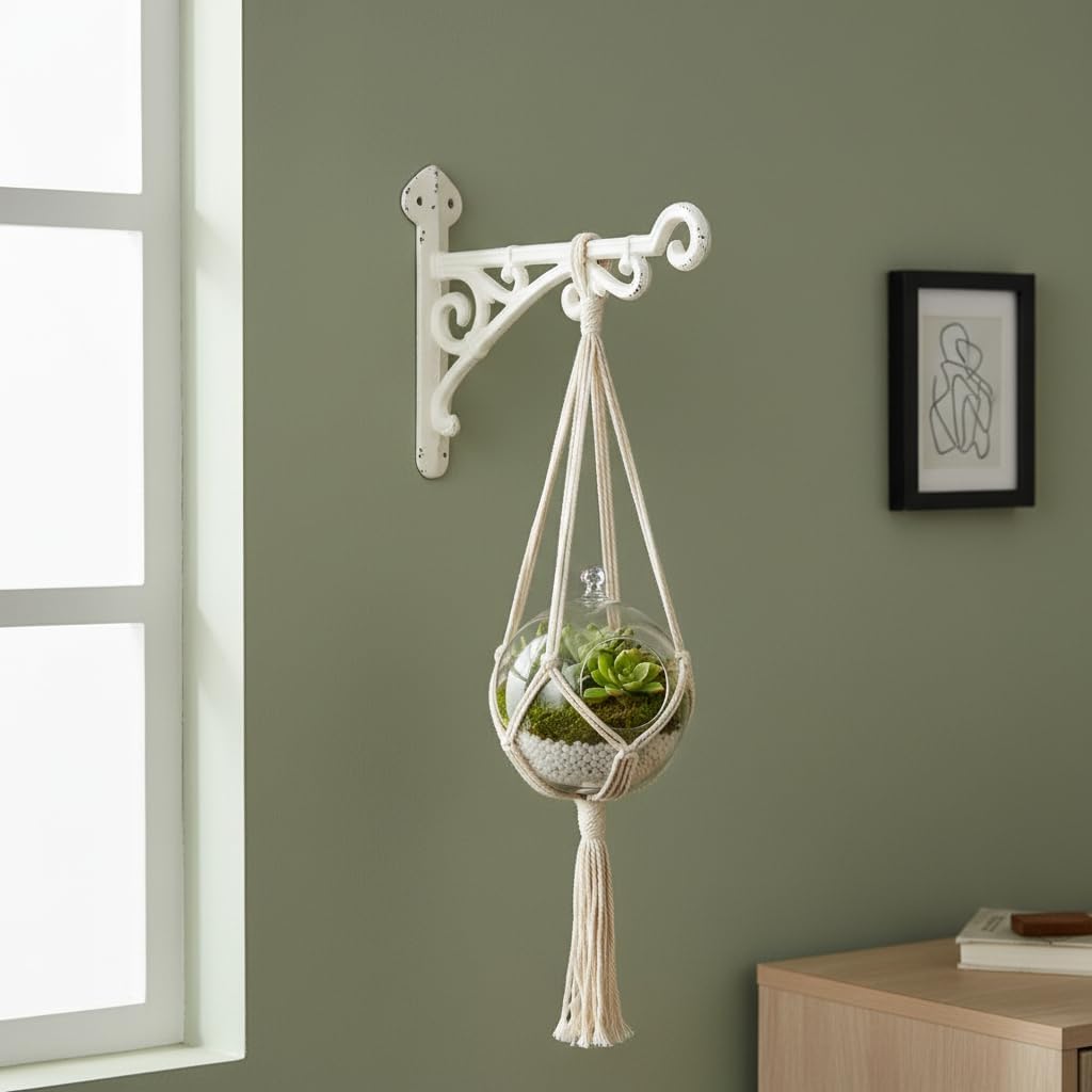 Comfy Hour 11" Heavy Duty White Cast Iron Wall Mount Bracket, Decorative Plant Hanger for Outdoor Garden & Indoor Home, Vintage Metal Hook for Bird Feeders, Wind Chimes & Lanterns, 1 pc