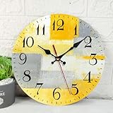 ArtSocket Wooden Wall Clock Silent Non-Ticking, Yellow Grey Abstract Painting Gray Contemporary Art Vintage Round Wall Clocks Decor for Home Kitchen Living Room Office, Battery Operated(12 Inch)