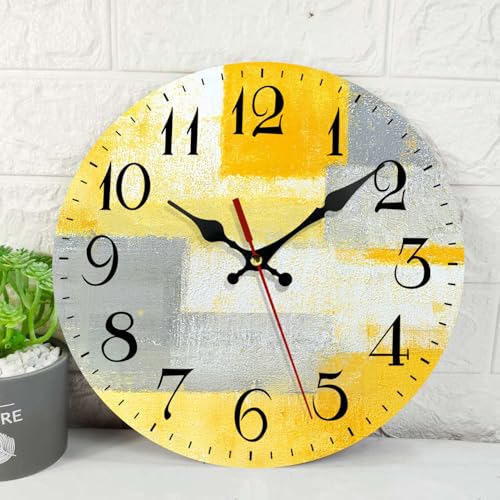 ArtSocket Wooden Wall Clock Silent Non-Ticking, Yellow Grey Abstract Painting Gray Contemporary Art Vintage Round Wall Clocks Decor for Home Kitchen Living Room Office, Battery Operated(12 Inch)
