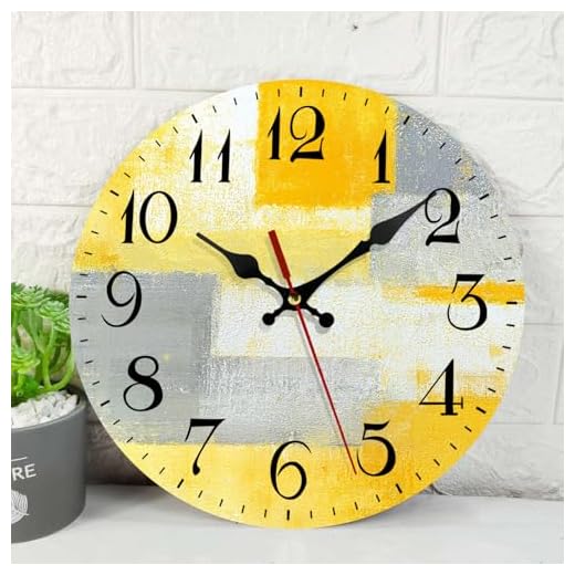 ArtSocket Wooden Wall Clock Silent Non-Ticking, Yellow Grey Abstract Painting Gray Contemporary Art Vintage Round Wall Clocks Decor for Home Kitchen Living Room Office, Battery Operated(12 Inch)