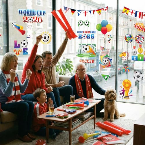 DPKOW 9 x Fensterbilder Fußball 2026 WM Fensteraufkleber Fenstersticker 2026 WM Deko für Fenster Hause Bar Laden, Fußball Fanartikel Deko Weltmeisterschaft Fensterdeko, Selbstklebend
