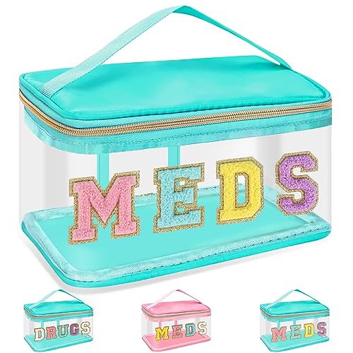 Chenille Letter Bag Clear MEDS Makeup Pouch, Preppy Small Medicine Bag Travel Drugs Pills Zipper Pouch with Handle, Nylon Waterproof Portable Meds Bag Toiletry Organizer for Patient Nurse(MEDS-Green)