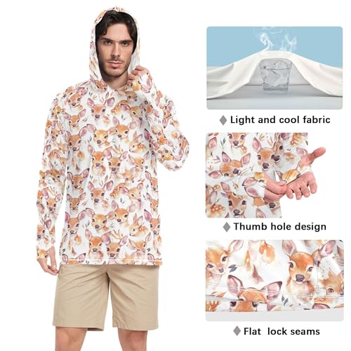 Cute Deer White Men's Sun Shirts Hoodies Long Sleeve Rash Guard Shirts Fishing Shirt UPF 50+ S4