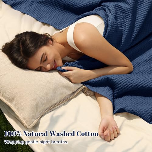 Image of PHF 100% Cotton Waffle Blanket Lightweight Breathable, Queen, Bright Blue | Pre-washed Soft Cozy Summer Throw for Hot Sleepers, Textured Decorative Layer for Bed Couch Sofa Guest Room, Giftable