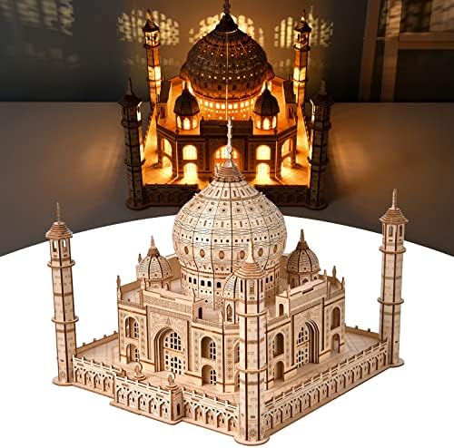 eaclqins 3D Wooden Puzzle Taj Mahal Model Kit with LED Light, Wood Creative Building Puzzles Assembly Model Building Kits to Buildl for Adults & Kids, DIY Wooden Puzzle Hobbies Toys