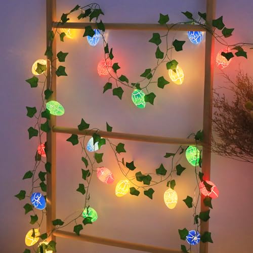Auting Decoración de Pascua Huevos de Pascua Luces de Cadena de Hiedra, 2,3 M Batería Interior de decoración de Pascua con Temporizador, 15 Coloridos Huevos de Pascua Hiedra para Colgar Luces de Caden