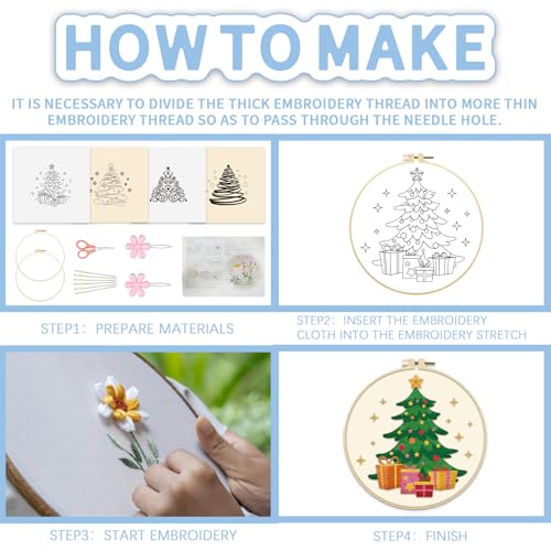 Image of FREEBLOSS 4 Set 20cm Christmas Tree Embroidery Kit Cross Stitch Kit with Stamped Christmas Pattern Embroidery Kit for Beginners Instructions Included Embroidery Starter Kit for Adults