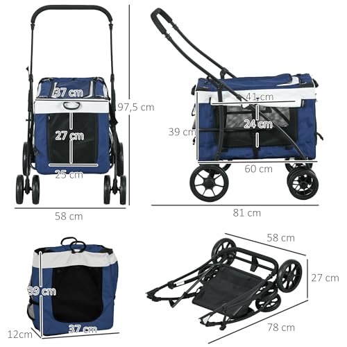 PawHut 2 in 1 Hundewagen Hundebuggy klappbar für Hunde & Katzen bis 10 kg Katzenbuggy mit Kissen Netzfenstern Türen Aufbewahrungskorb Katzenwagen Buggy Blau