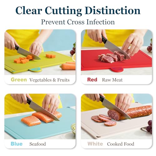 Pleafind Colour Coded Chopping Boards - 4 Pcs Plastic Chopping Board Set with Storage Stand, Juice Grooves & Non-Slip Cutting Board That Prevents Food Cross Contaminaton, Dishwasher Safe - Image 6