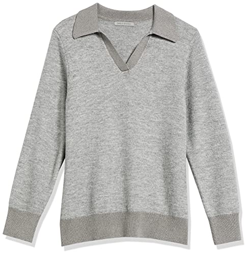 Image of Cable Stitch Women's Two Tone Polo Neck Open Collar V-Neck Sweater - Long Sleeve Relaxed Pullover Top